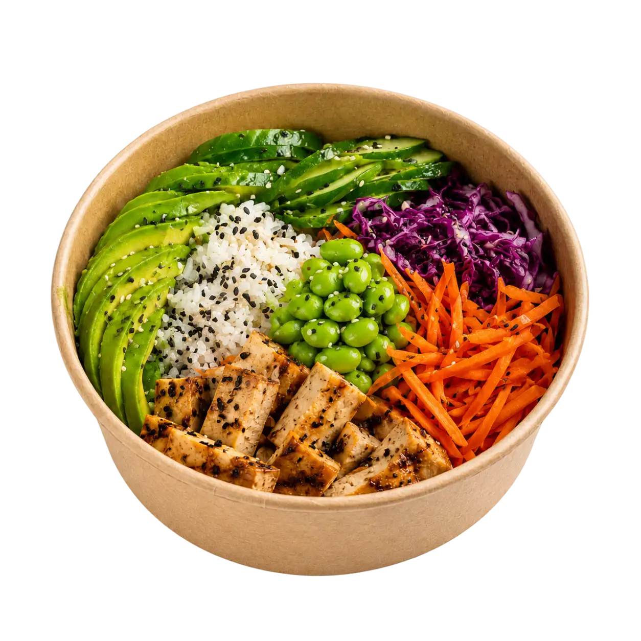Tofu marinat, edamame, morcov și varză roșie peste orez, cu avocado și susan. Vegan sadea.