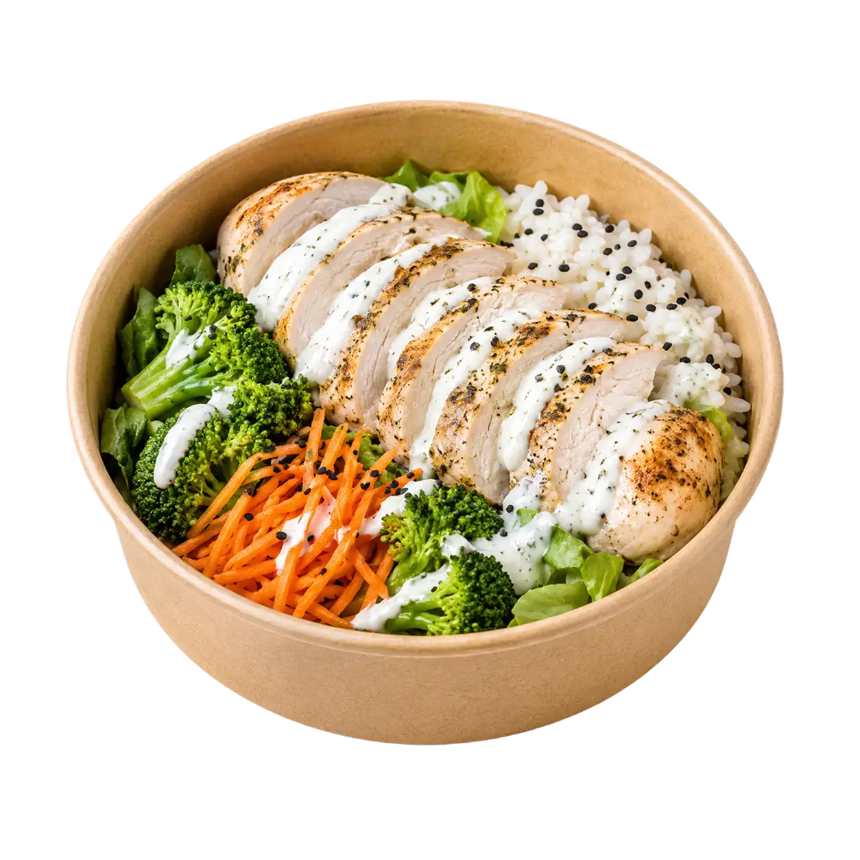 Pui sous-vide fraged, orez basmati, broccoli și sos de iaurt. Proteină, fără compromis de gust.