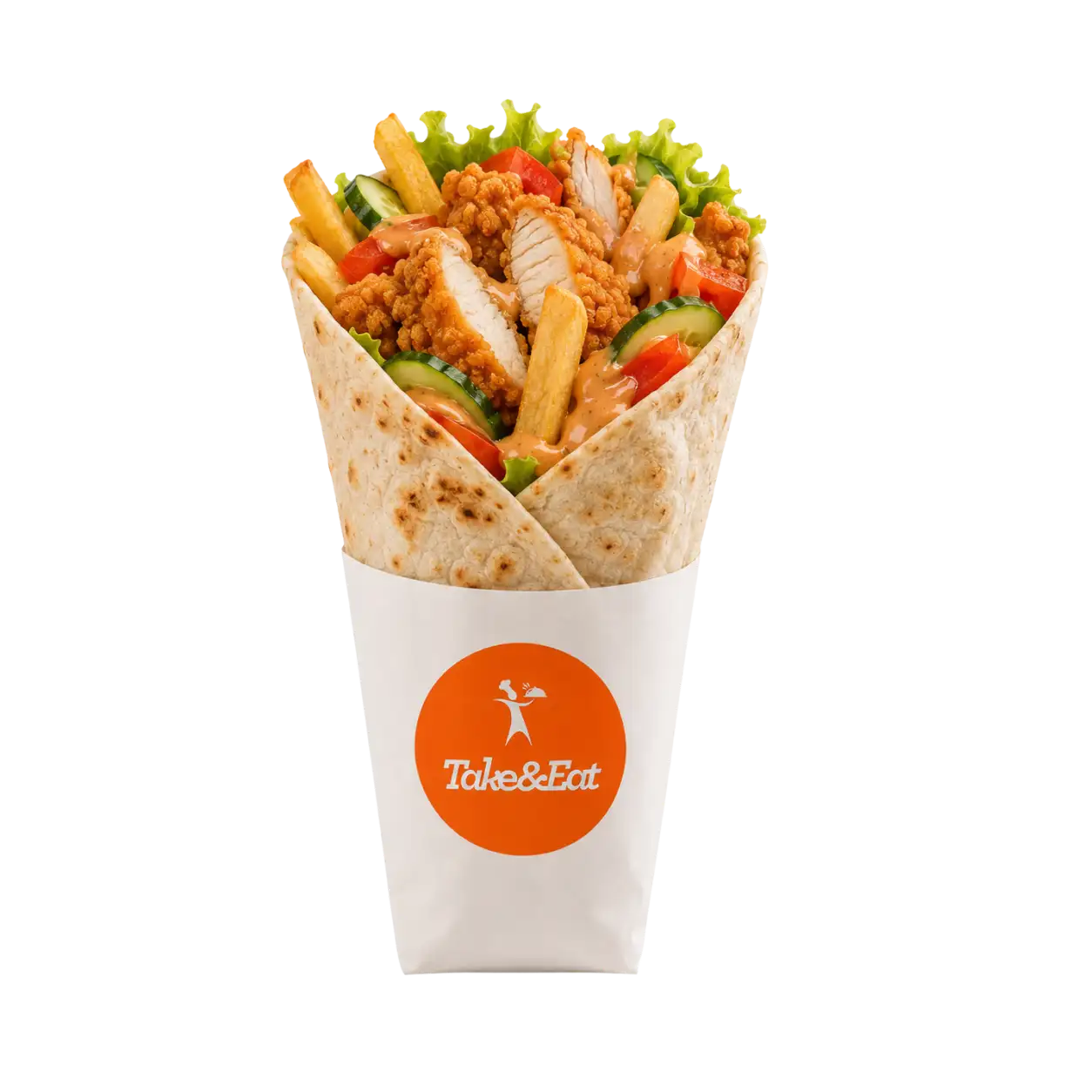 Crispy fierbinte, legume și sos cocktail în lipie. Cartofii vin separat.