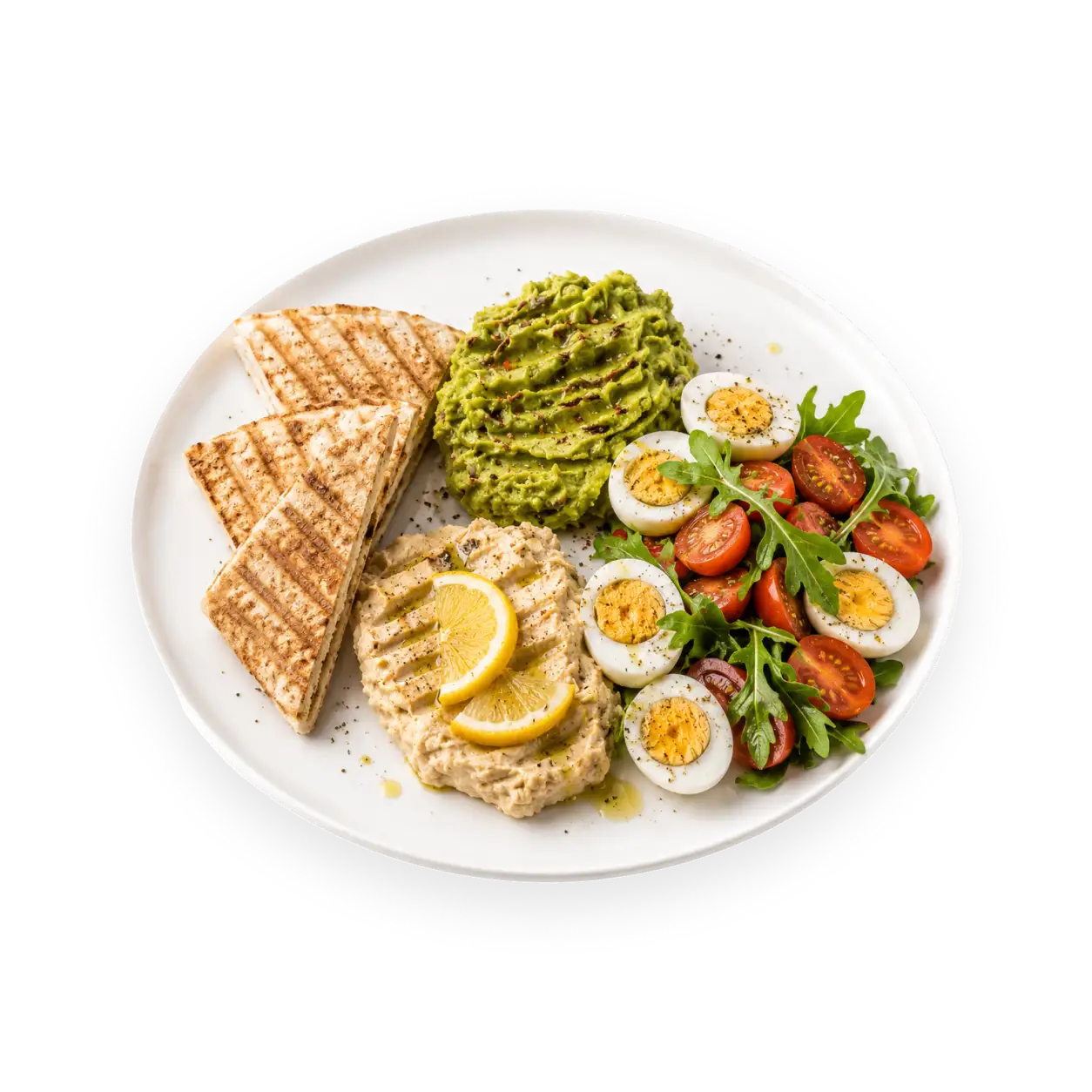Hummus cremos, guacamole, ouă fierte și lipie. Ușor doar cu numele.