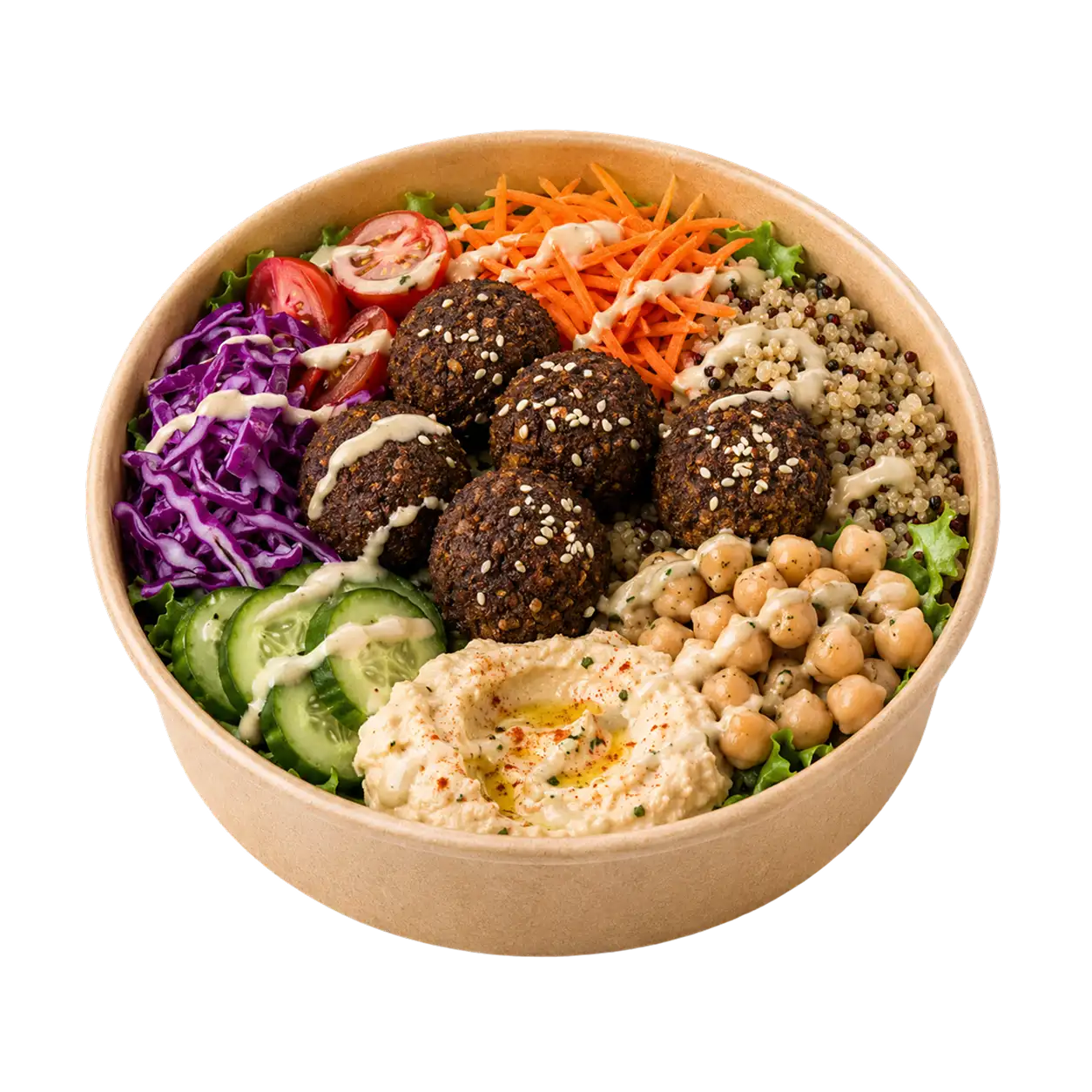 Falafel copt, quinoa, hummus, năut și legume proaspete, cu sos tahini. Vegan și sățios.