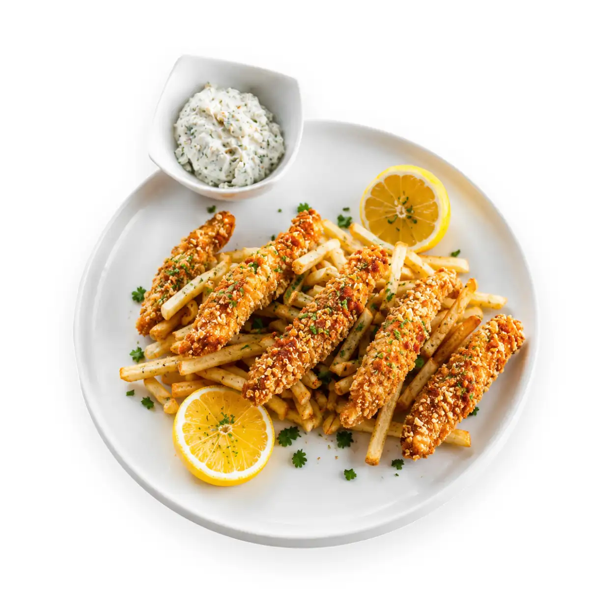 Șalău în crustă de panko, cartofi crunch și tartar. Londra poate aștepta.