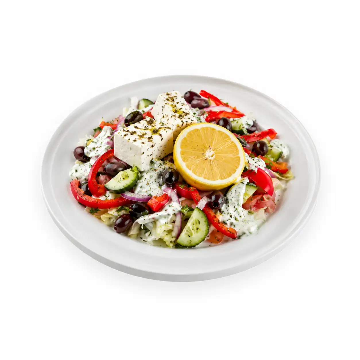 Feta din belșug, măsline negre, roșii cherry și tzatziki făcut de noi.