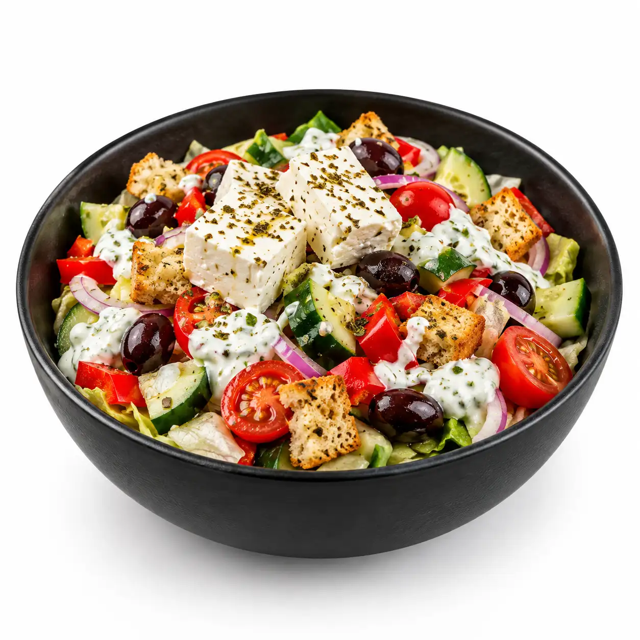 Feta din belșug, măsline negre, roșii cherry și tzatziki făcut de noi.