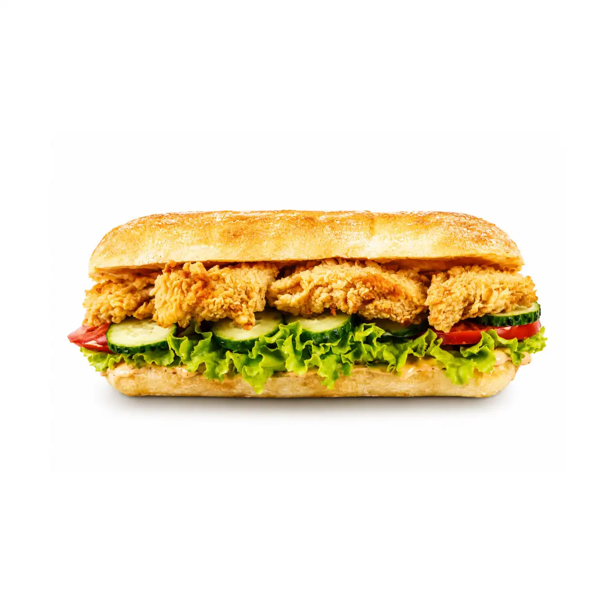 Pui crispy, cartofi pai și maioneză în pâine. Da, cartofii sunt înăuntru.
