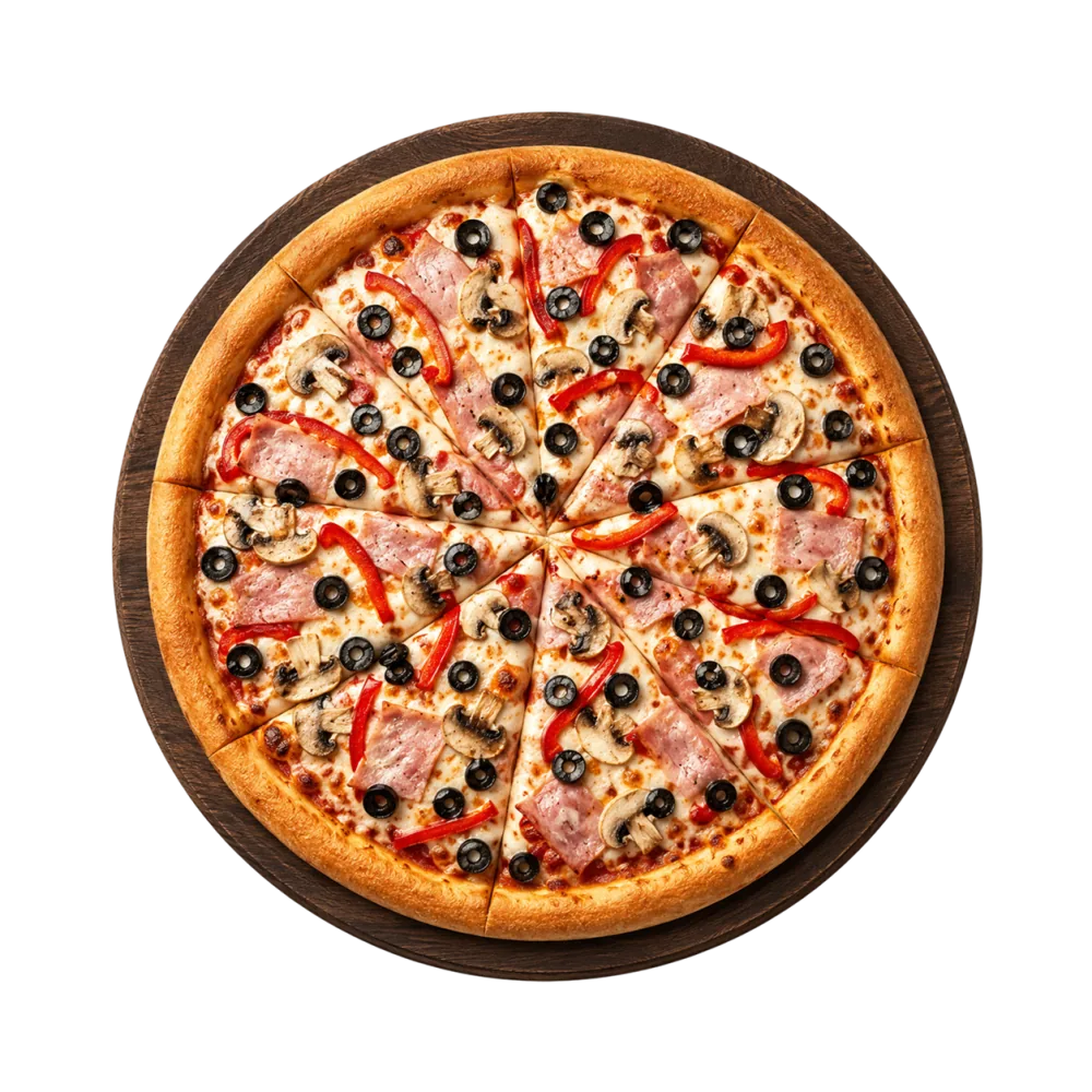 Șuncă, ciuperci, ardei și măsline. Toate capriciile, o singură pizza.