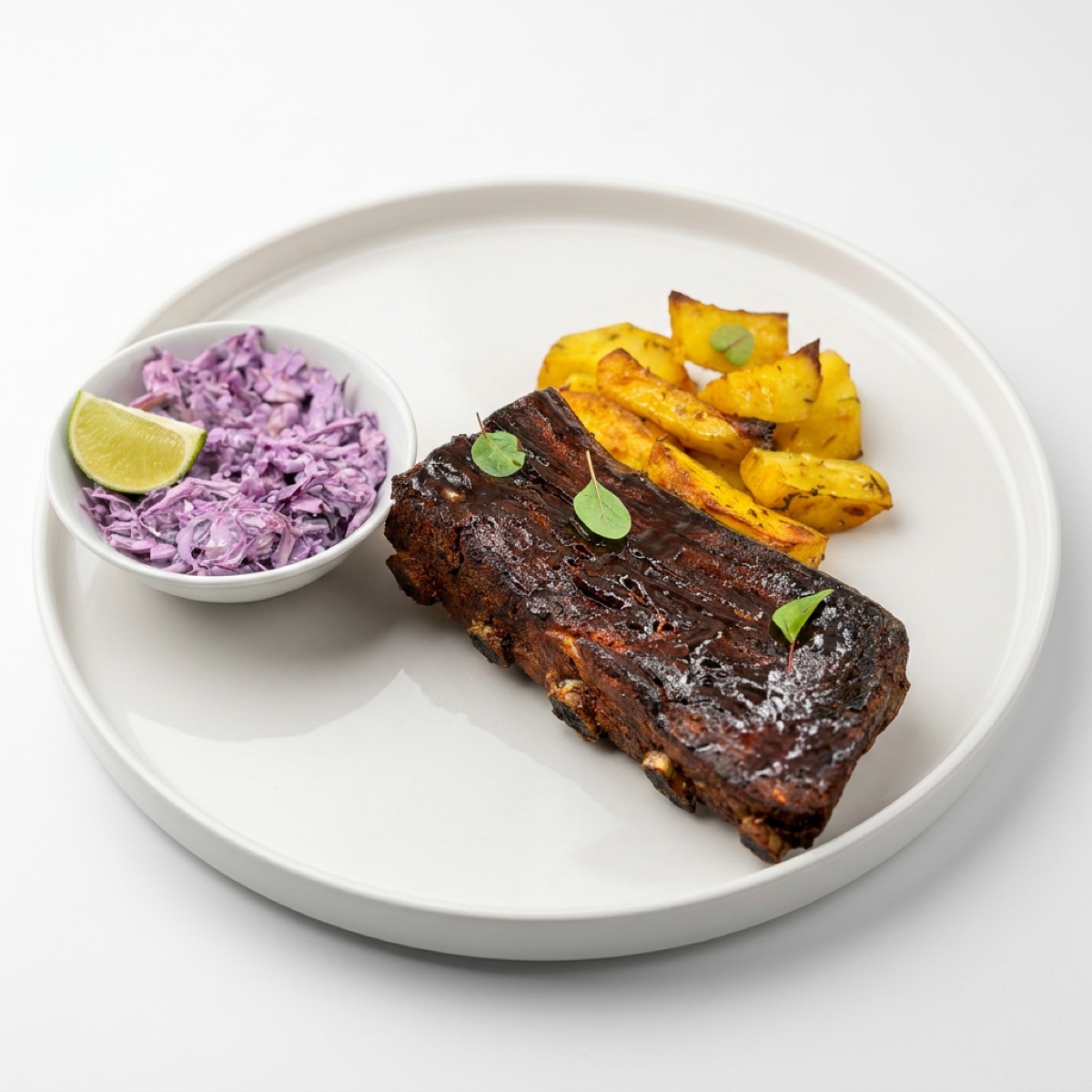 Carne fragedă, sos BBQ lipicios, cartofi copți și coleslaw crocant.